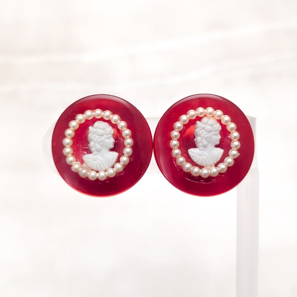 Vintage Clip On Earrings Regal Red and Cream Cameo Style Design Statement